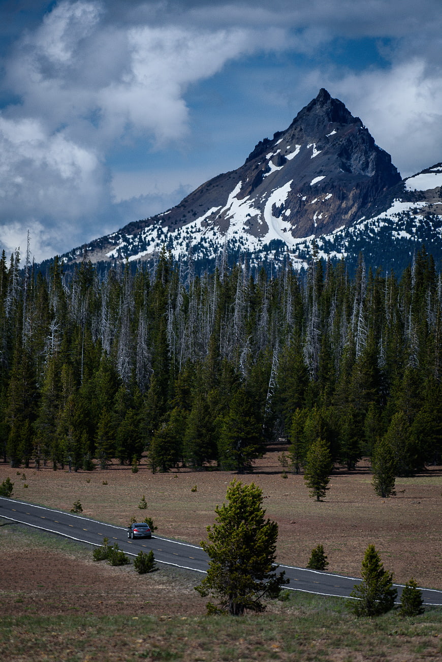 Car driving on mountain road with snowy peak and pine forest