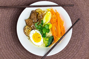 Top View of Homemade Ramen with Egg and Vegetables