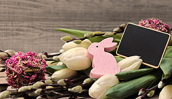 Easter Floral Arrangement With White Tulips, Willow Catkins, And Wooden Bunny
