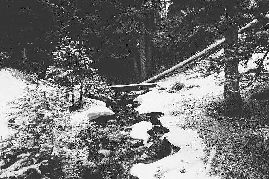 Black and white winter forest stream with snow and wooden bridge