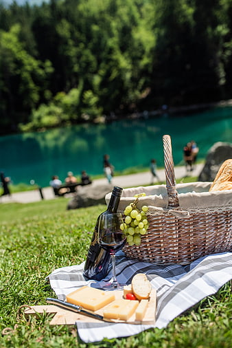 Summer Picnic by Turquoise Lake with Wine and Cheese