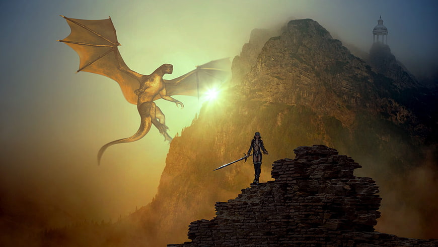 Fantasy warrior woman facing golden dragon on mountain peak