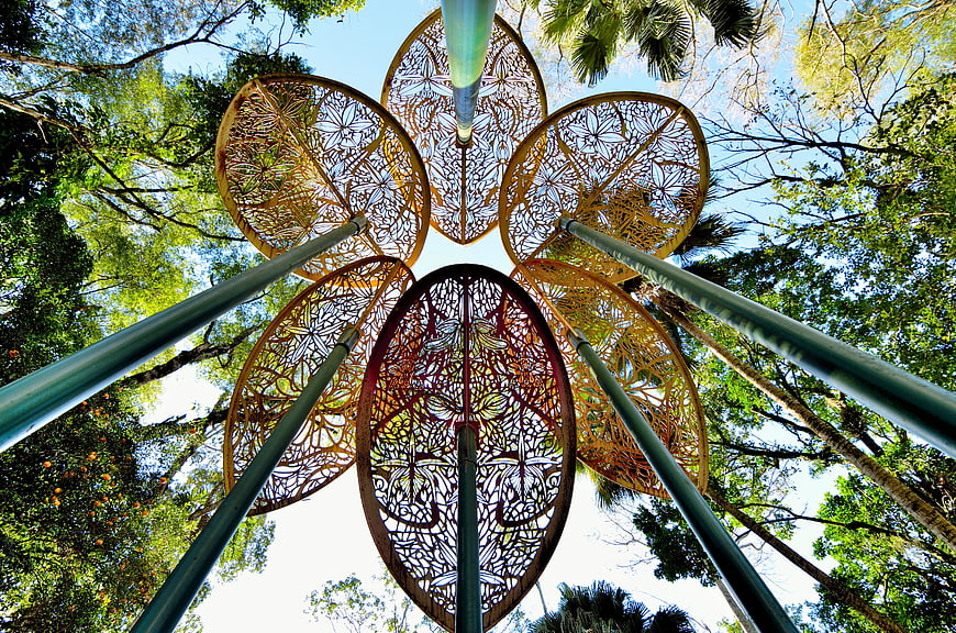 Low Angle View of Decorative Metal Flower Sculpture in Park