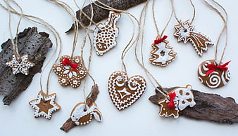 Homemade Gingerbread Christmas Ornaments on White Background