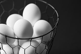 White eggs in wire basket on dark background