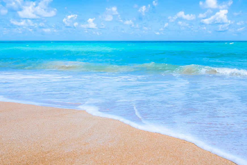 Tropical Beach Landscape With Turquoise Ocean And Sandy Shore