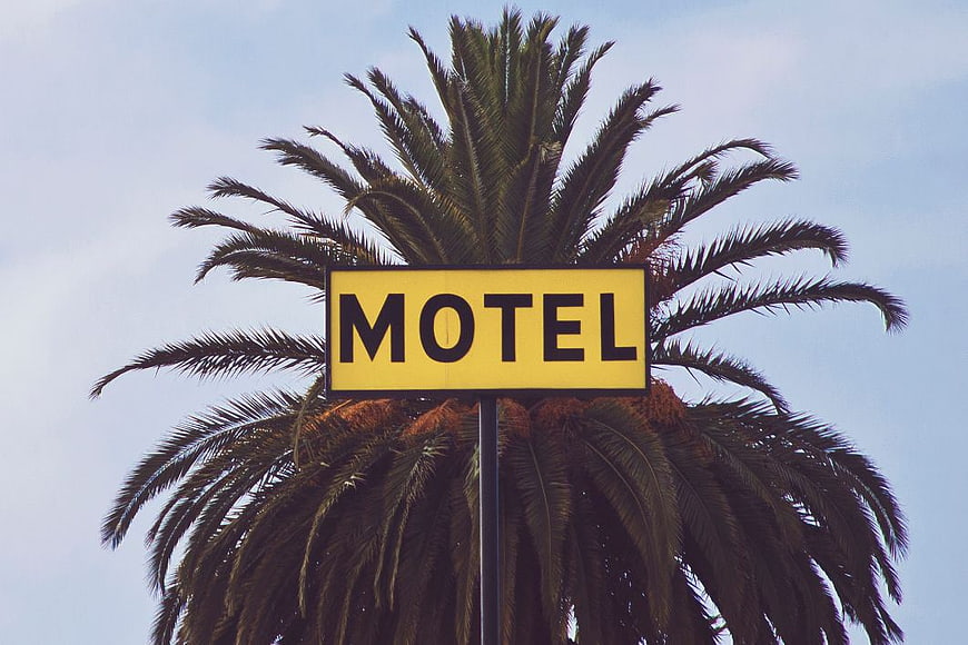 Yellow Motel Sign in Front of Palm Tree