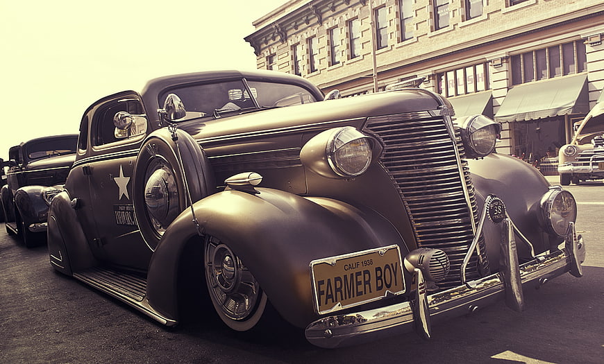 Vintage 1938 Ford Coupe with Farmer Boy License Plate