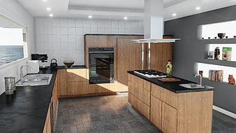 Modern Kitchen Interior Design With Wood Cabinets And Black Countertops