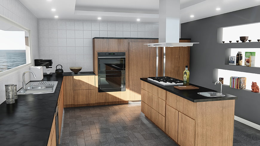 Modern Kitchen Interior Design With Wood Cabinets And Black Countertops