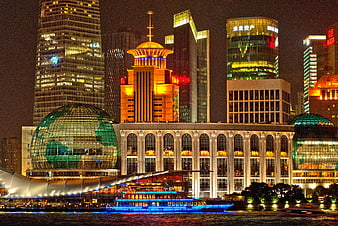 Shanghai Bund Night Skyline with Illuminated Buildings and River Cruise