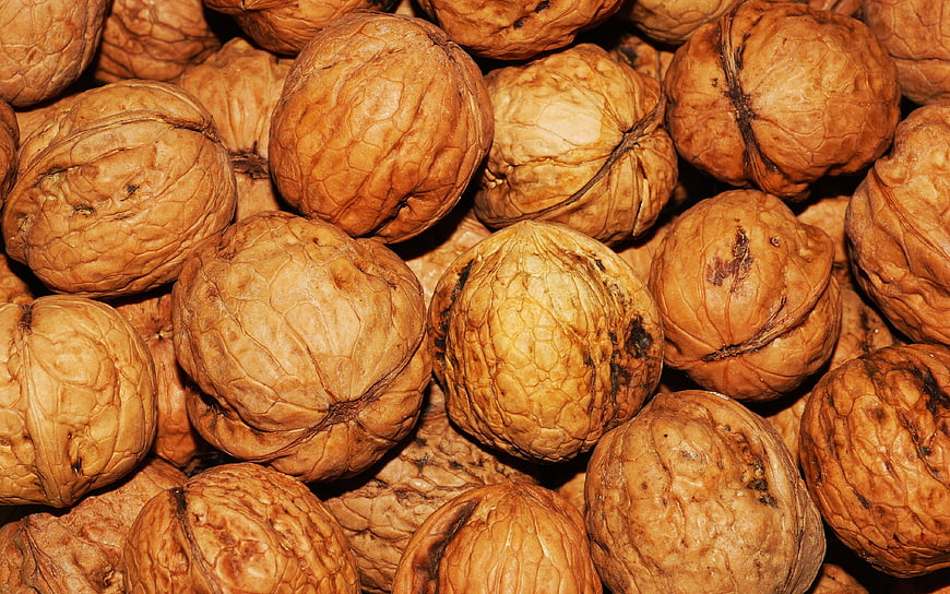 Close-up texture of whole walnuts in shell