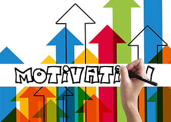 Hand writing motivation with colorful upward arrows background