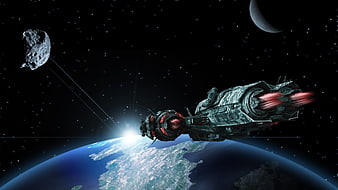 Futuristic Spaceship Orbiting Earth with Asteroid and Moon
