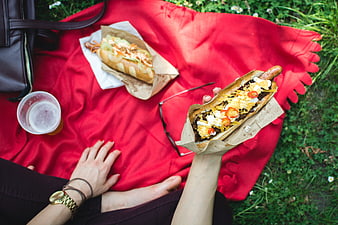 Top view of gourmet hot dogs on a red picnic blanket