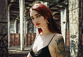 Digital Portrait Of Red-Haired Woman With Dragon Tattoo In Industrial Factory
