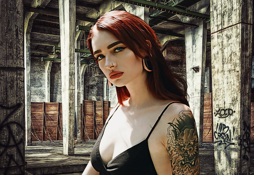 Digital Portrait Of Red-Haired Woman With Dragon Tattoo In Industrial Factory