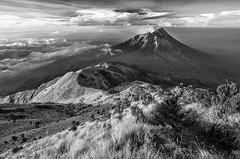 Dramatic Black and White Volcano Landscape with Clouds