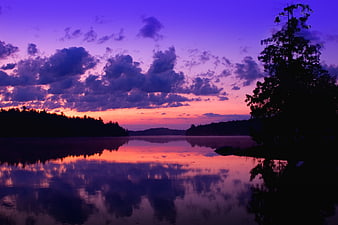 Vibrant purple and pink sunset over a calm lake with silhouetted trees