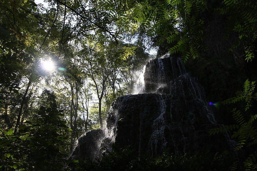 Sunlit waterfall cascading through lush green forest canopy
