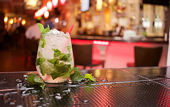 Refreshing Mojito Cocktail with Mint on Bar Table