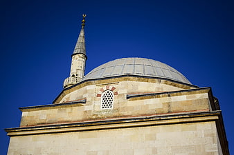 Muradiye Mosque Dome and Minaret Against Blue Sky