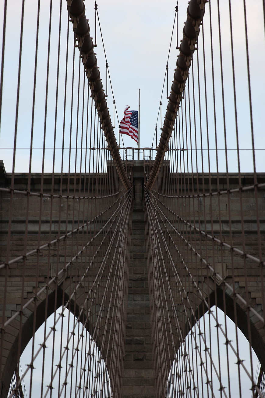 Low angle view of Brooklyn Bridge cables and American flag