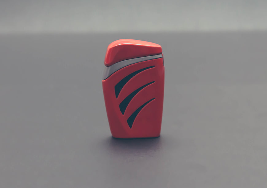 Red plastic container with silver accent on gray background