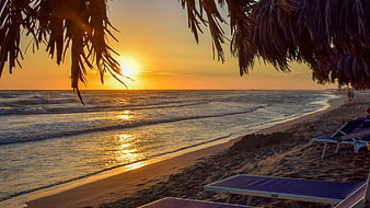 Sunset Beach Scene with Palm Leaves and Lounge Chairs