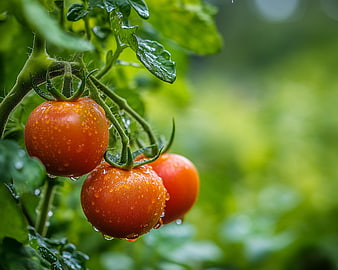 Fresh Ripe Tomatoes with Water Droplets on Vine