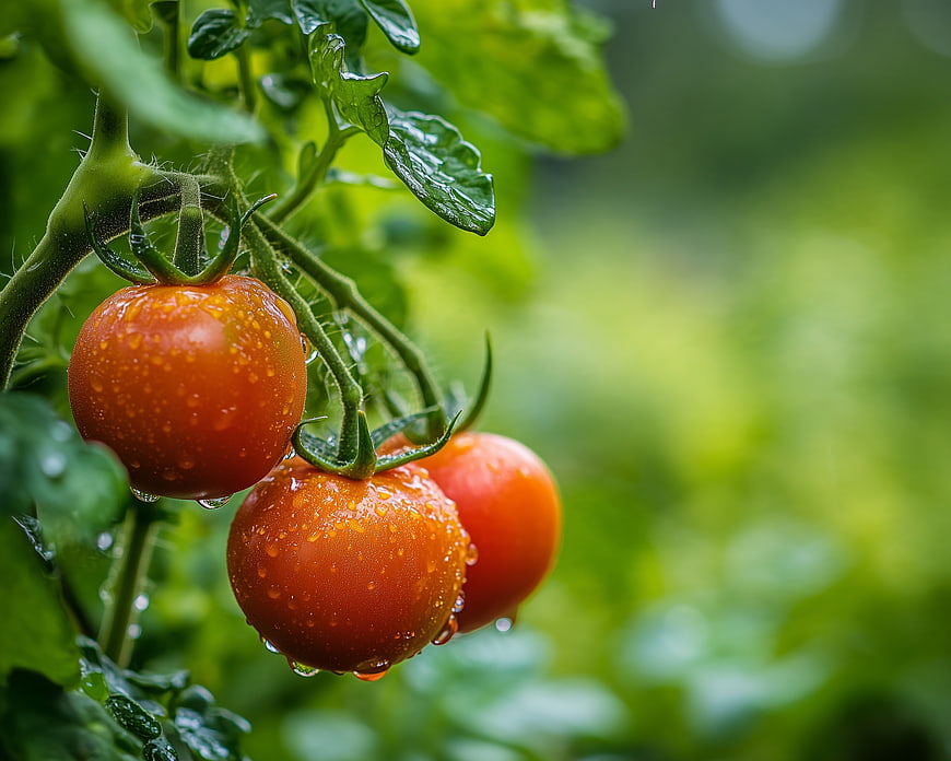 Fresh Ripe Tomatoes with Water Droplets on Vine