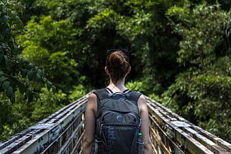 Woman Hiking on Metal Bridge in Lush Forest