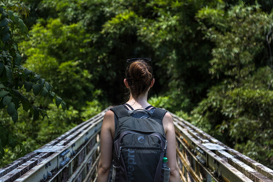 Woman Hiking on Metal Bridge in Lush Forest