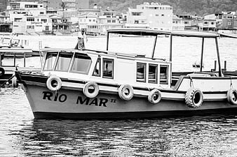 Black and white photo of Rio Mar II boat docked in harbor