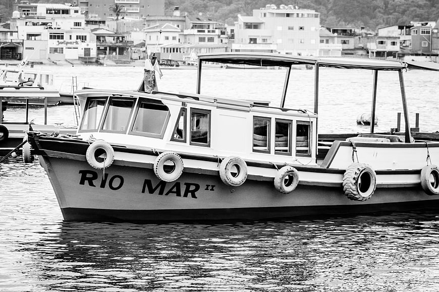Black and white photo of Rio Mar II boat docked in harbor