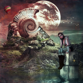 Surreal digital art of woman sitting by giant spiral shell and moon