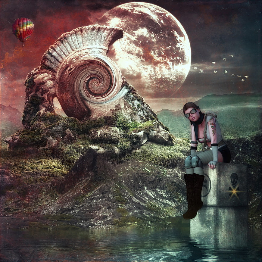 Surreal digital art of woman sitting by giant spiral shell and moon