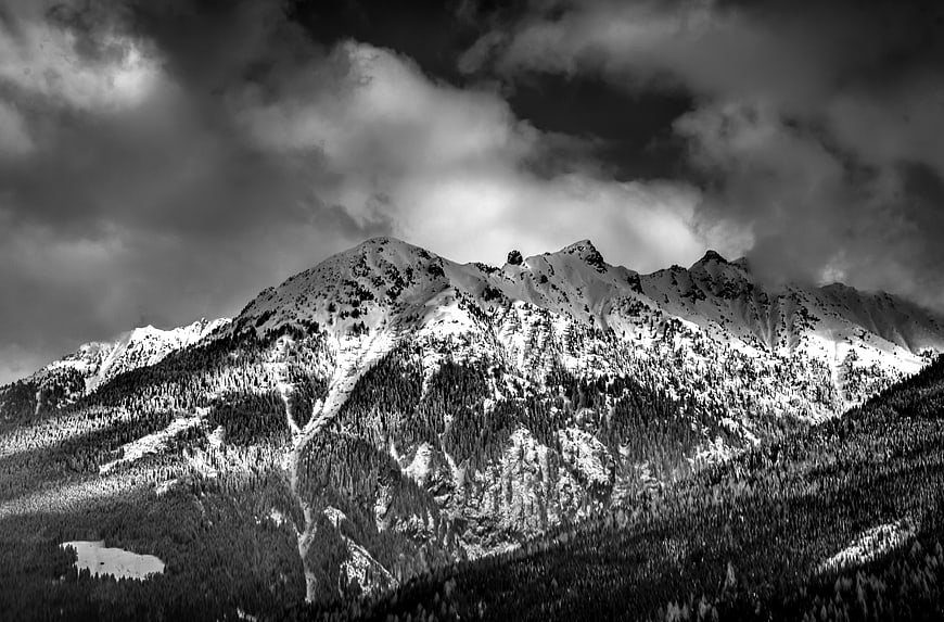 Dramatic Black and White Snowy Mountain Landscape
