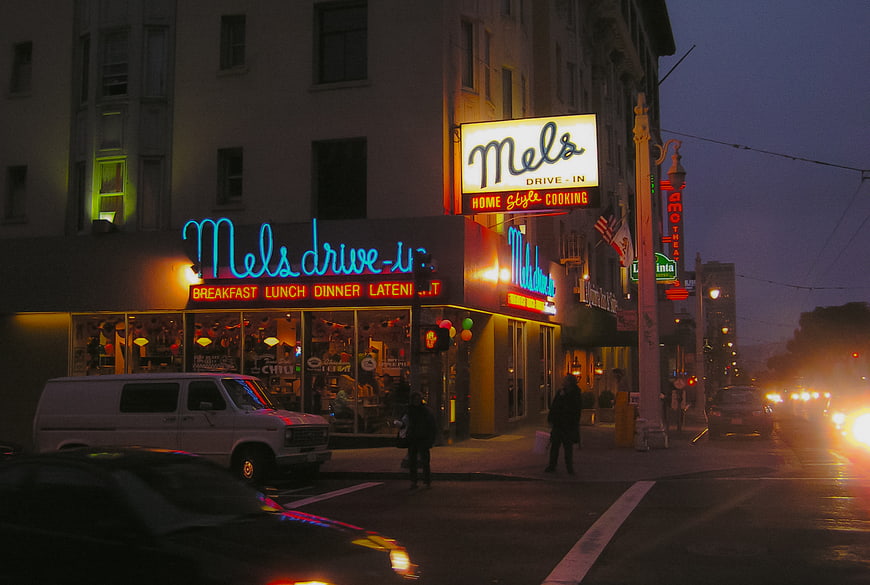 Mel's Drive-In Neon Sign at Night in San Francisco