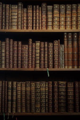 Shelves of antique leather-bound books with gold tooling