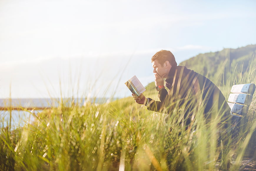 Man reading book on bench in sunny grassy field