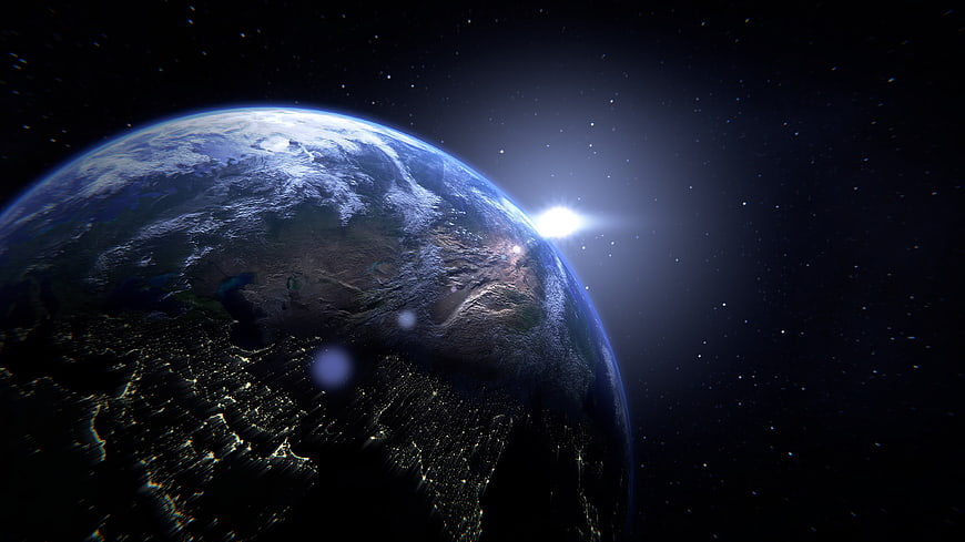 Earth from Space with City Lights and Sun Flare