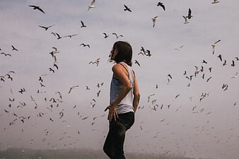 Woman standing amidst flock of flying seagulls