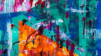 Vibrant Abstract Acrylic Painting with Colorful Splatters and Texture