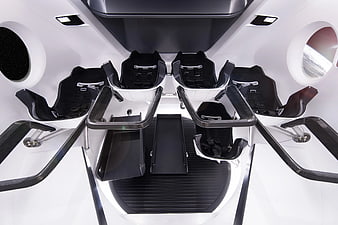 Futuristic spaceship interior with black passenger seats