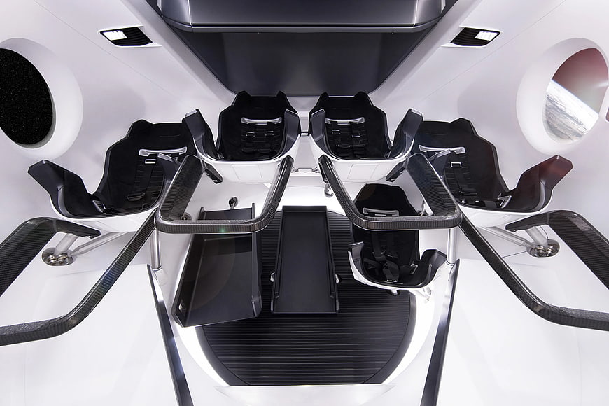 Futuristic spaceship interior with black passenger seats