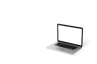 Silver laptop with blank white screen on white background