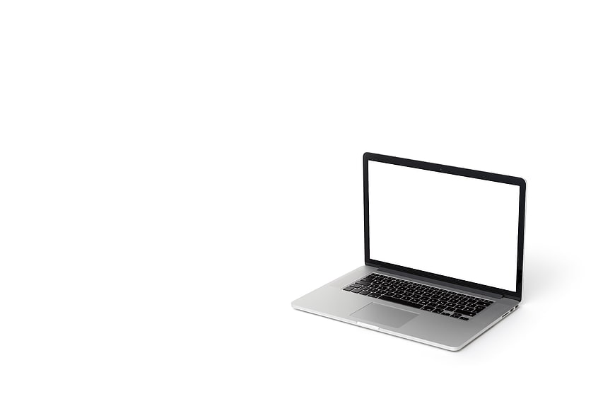 Silver laptop with blank white screen on white background