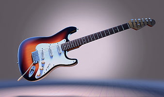 3D Render of Sunburst Electric Guitar on Wooden Floor
