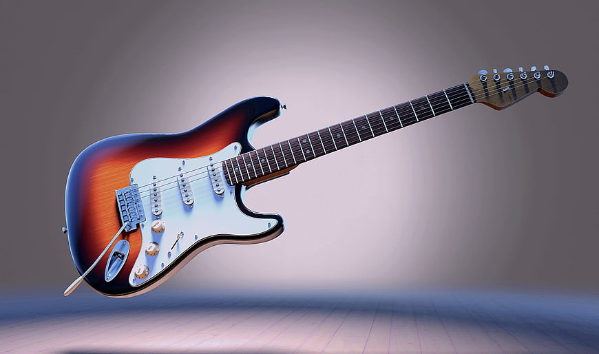 3D Render of Sunburst Electric Guitar on Wooden Floor